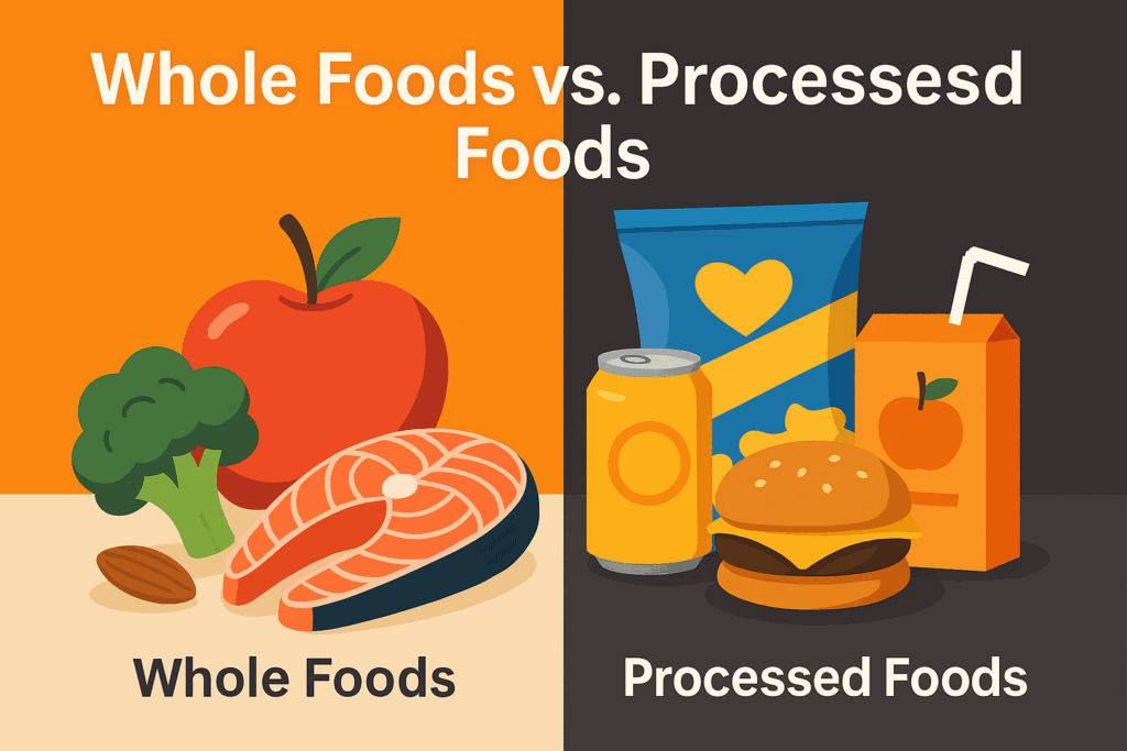Whole foods vs processed foods comparison showing fresh produce and seafood vs packaged snacks.