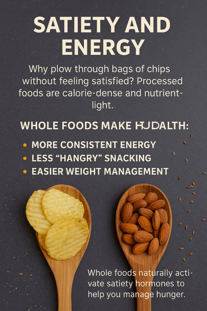 Satiety and energy recommendations from whole foods with a spoon with chips on it and a spoon with almonds on it
