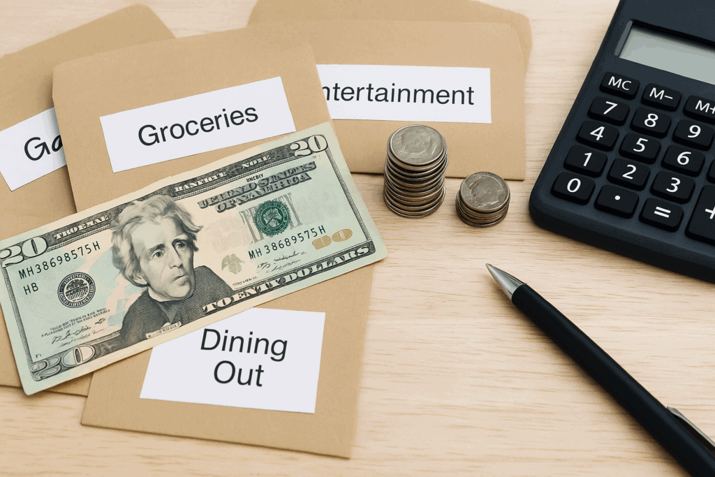 Cash envelope budgeting system with labeled envelopes for groceries, dining out, and entertainment