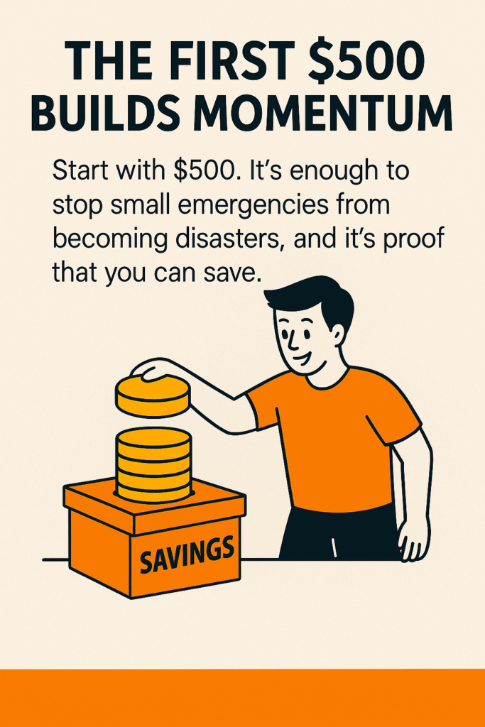 Illustration of a person adding coins to a savings box with text 'The First $500 Builds Momentum. Start with $500. It's enough to stop small emergencies from becoming disasters, and it's proof that you can save."